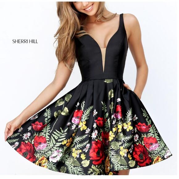 Sherri Hill Black floral plunge fit flare mini dress womans size 4‎ - Picture 16 of 16